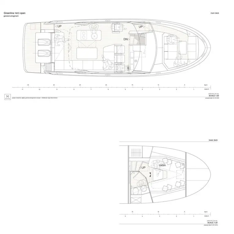 Floor plans of the Greenline NEO Open boat showcasing main and lower deck layouts with furniture arrangements and labels.